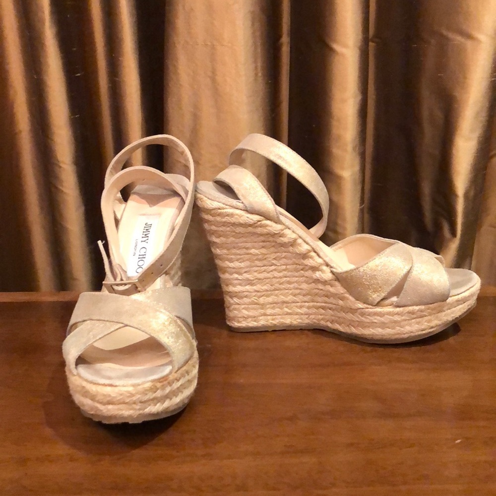 Jimmy Choo Gold suede espadrille wedges